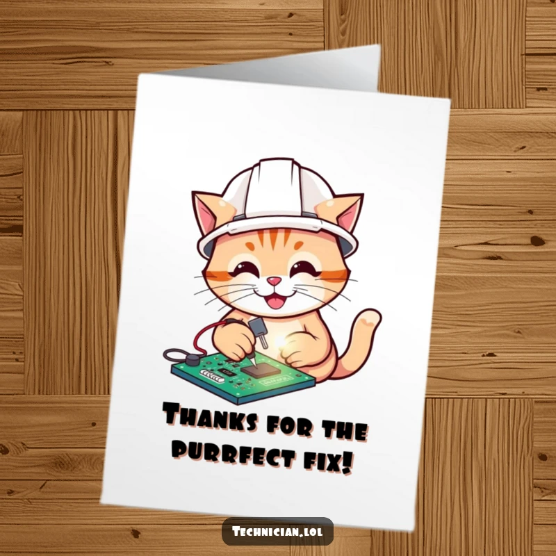 Funny Free Printable Thank You Card: A cheerful cat in a hard hat soldering a glowing electronic circuit board.