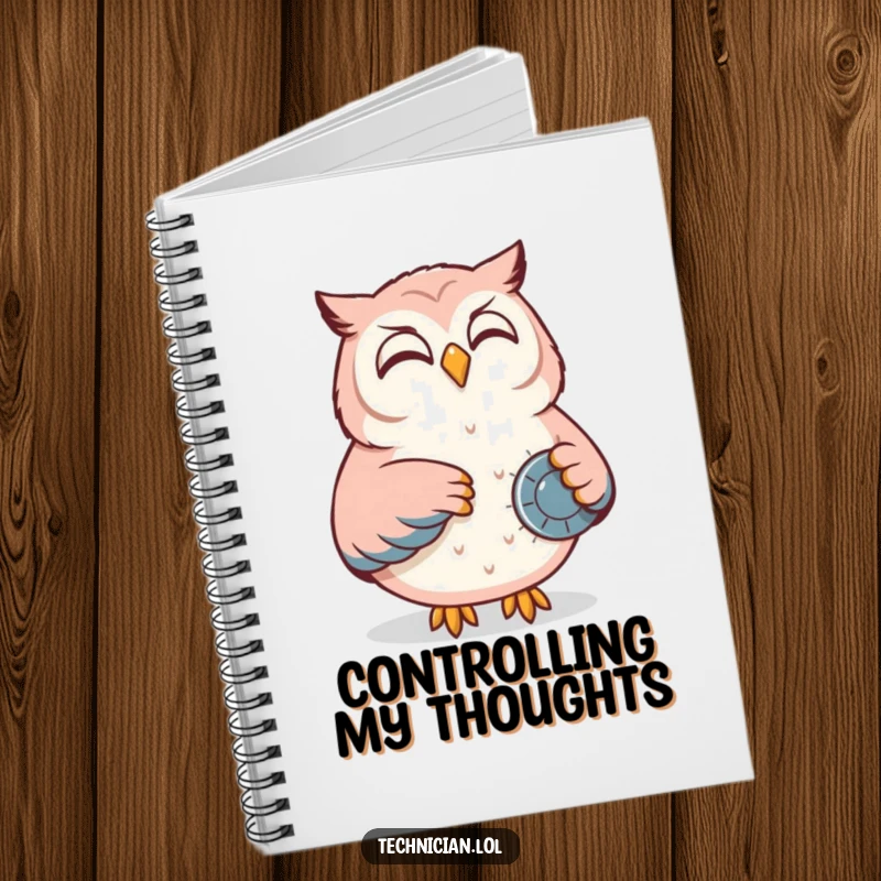 Funny notebook with a content owl smiling while adjusting a dial on a control panel, ideal for planning and note-taking.