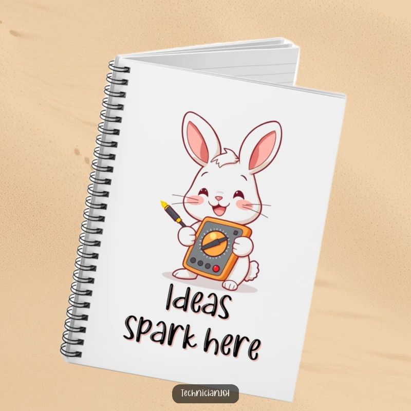 Funny bunny with a multimeter on a notebook cover, ideal for jotting down ideas, electrical engineering theme, a funny gift.