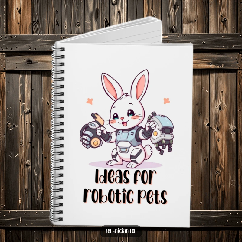 Funny bunny notebook, a playful bunny assembling a robotic arm, ideal for jotting down creative ideas.