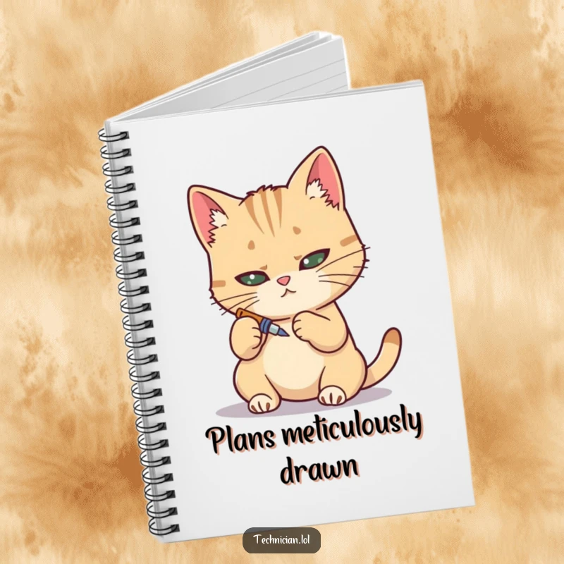 Funny notebook, determined cat using a tiny screwdriver, precise planning, organized cat lover.