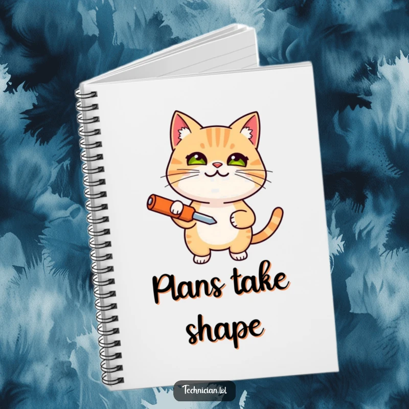 Funny notebook with a smiling, determined cat holding a screwdriver, great for planning and a perfect funny gift.