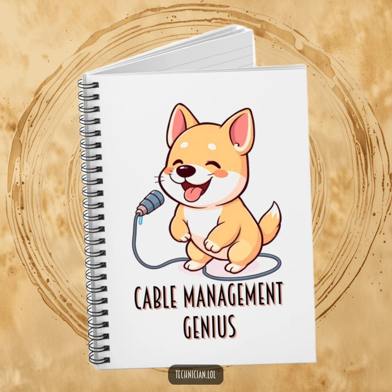 Funny dog notebook cover art of a happy, bouncing dog plugging a USB cable into a laptop, symbolizing productivity and energy.