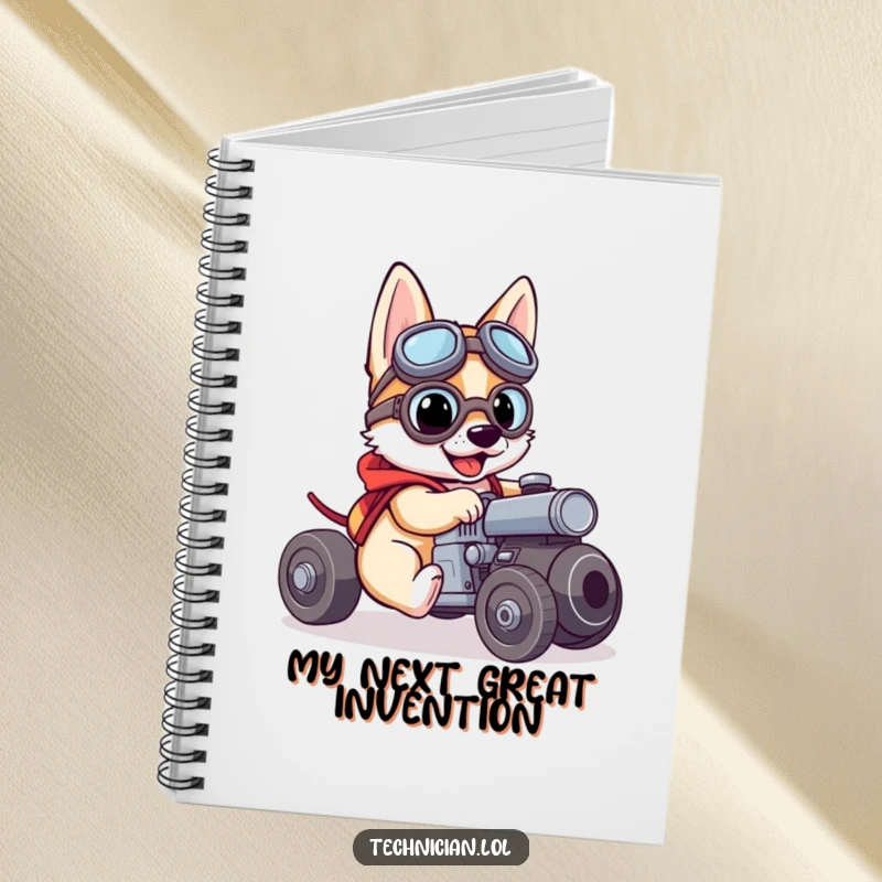 Funny notebook cover shows a brave dog in goggles working on a small engine, ready for notes and ideas.
