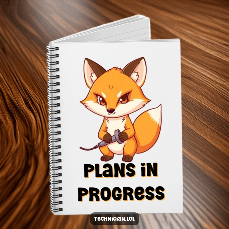 Funny notebook featuring a determined fox with a soldering iron, perfect for jotting down engineering plans and creative ideas.