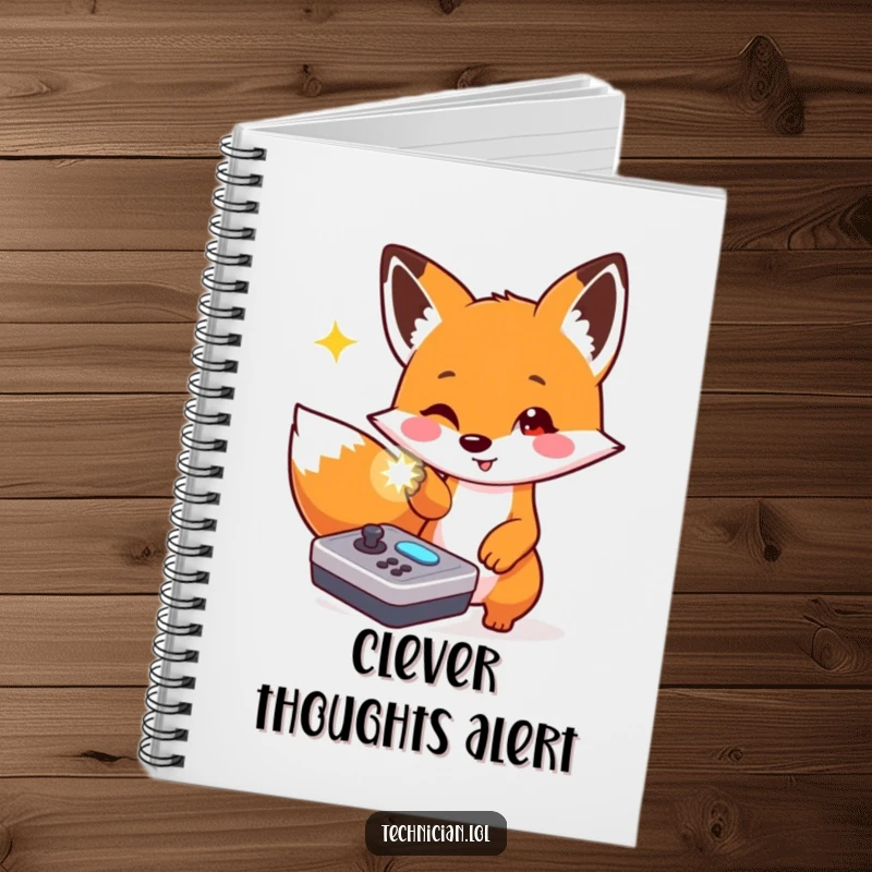 Funny notebook with a playful fox pointing at a flashing light on a console, perfect for notes and plans.