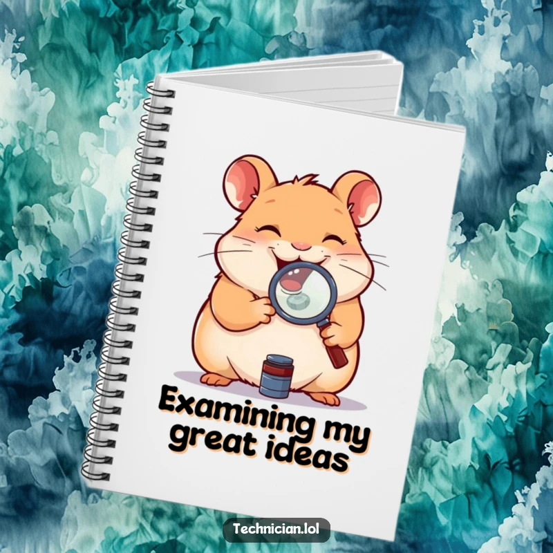 Funny notebook with a giggling hamster holding a magnifying glass over a small component, ideal for notes and observations.