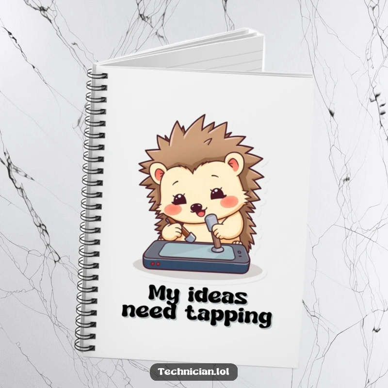 Funny hedgehog notebook cover art featuring a hedgehog with a small hammer aiming at a laptop, symbolizing overcoming tech issues.