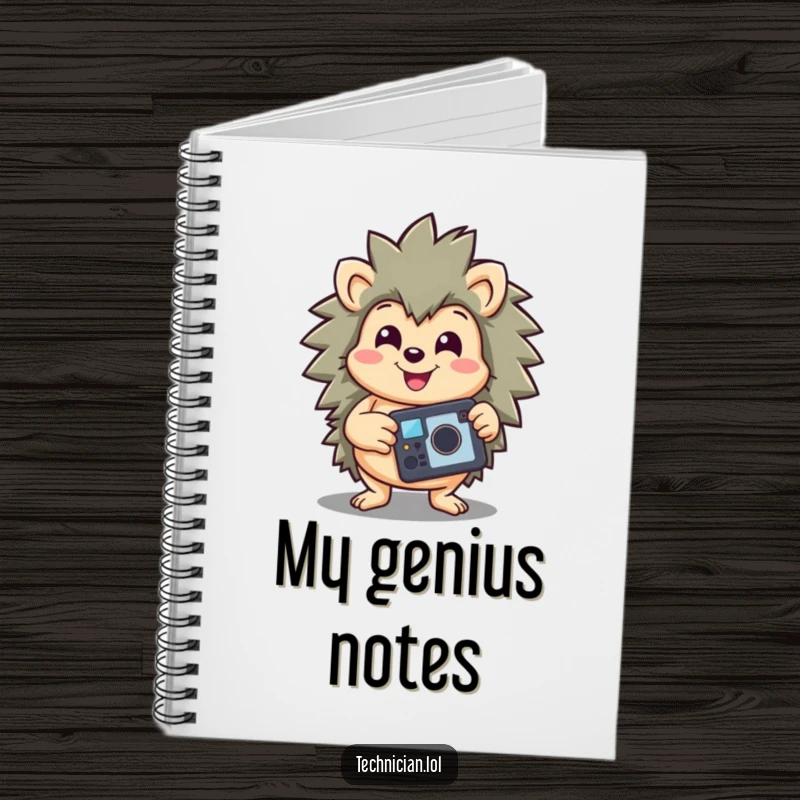 Funny notebook with a happy hedgehog holding a repaired gadget, smiling triumphantly, ready to record successful ideas and plans.