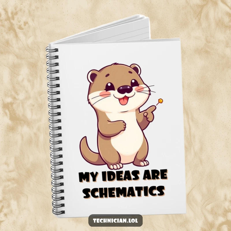 Funny notebook cover with an otter enthusiastically pointing at a complex schematic, ideal for jotting down brilliant plans and ideas.