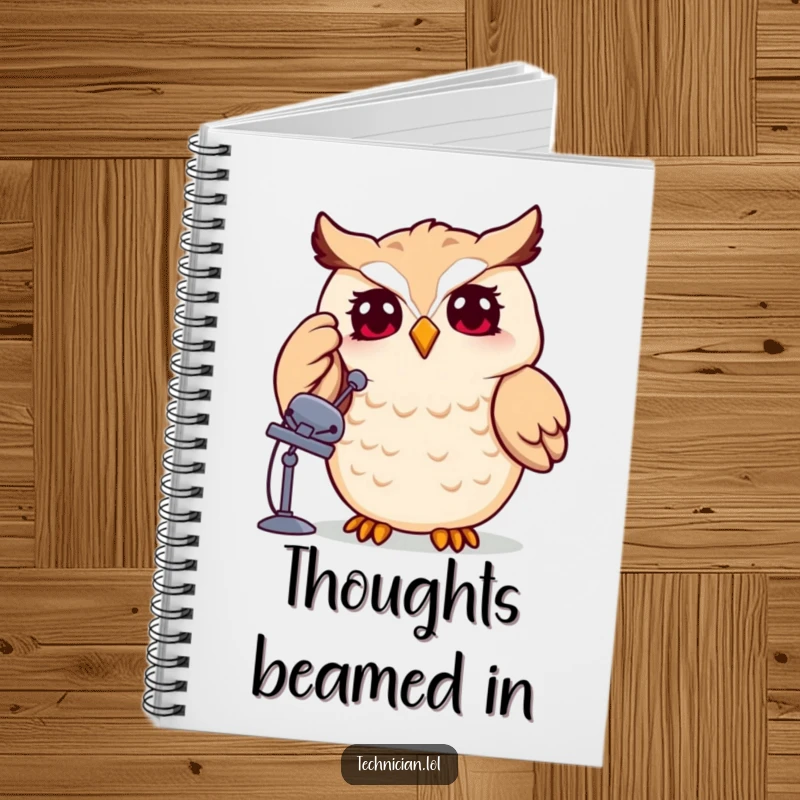 Funny owl with a satellite dish on a notebook cover, ideal for jotting down ideas, whimsical tech theme, a funny gift.