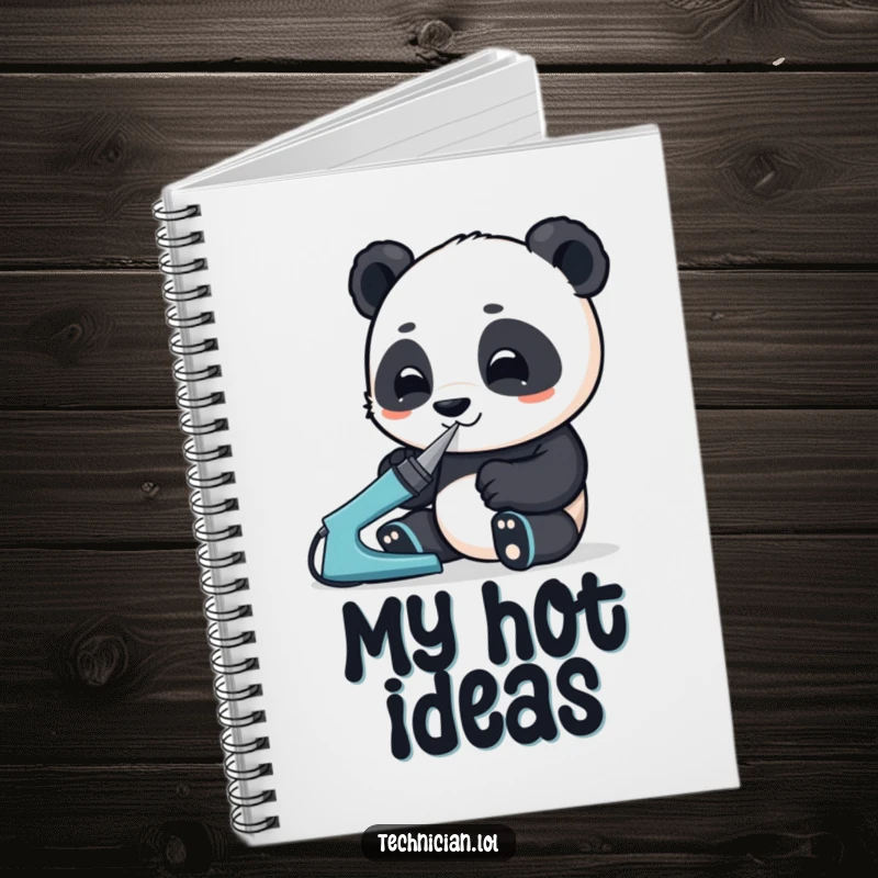 Funny notebook with an enthusiastic panda using a soldering iron with great focus, ready to capture design plans and schematics.