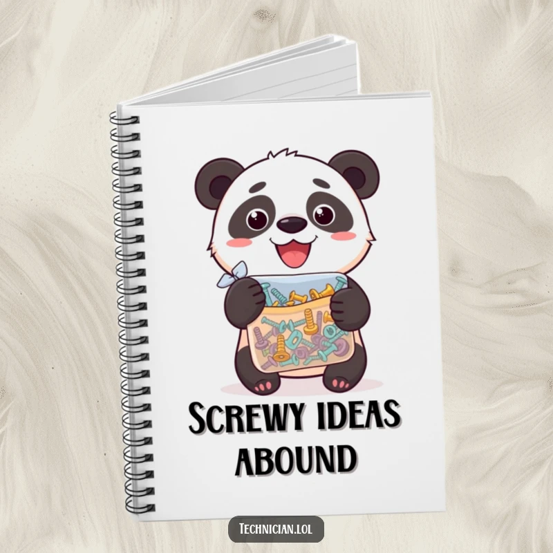Funny notebook cover featuring a silly panda holding a bag of assorted screws, looking proud and ready for notes.