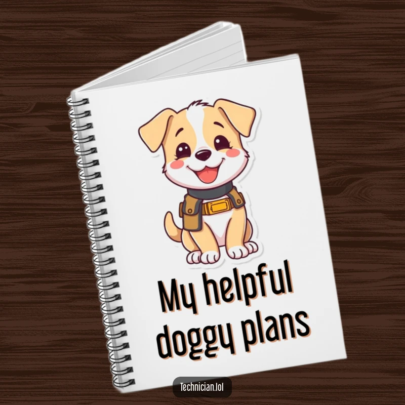 Funny notebook with a joyful puppy wearing a tool belt, looking eager to help, inspiring organized thoughts and joyful productivity.