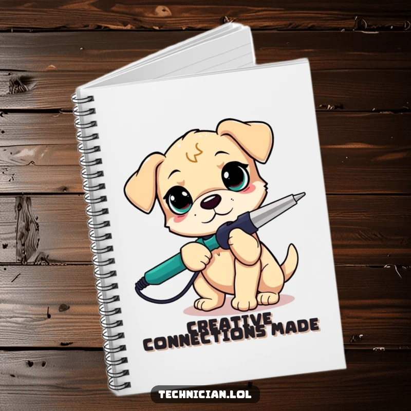 Funny puppy with a soldering iron on a notebook cover, ideal for jotting down ideas, determined DIY theme, a funny gift.