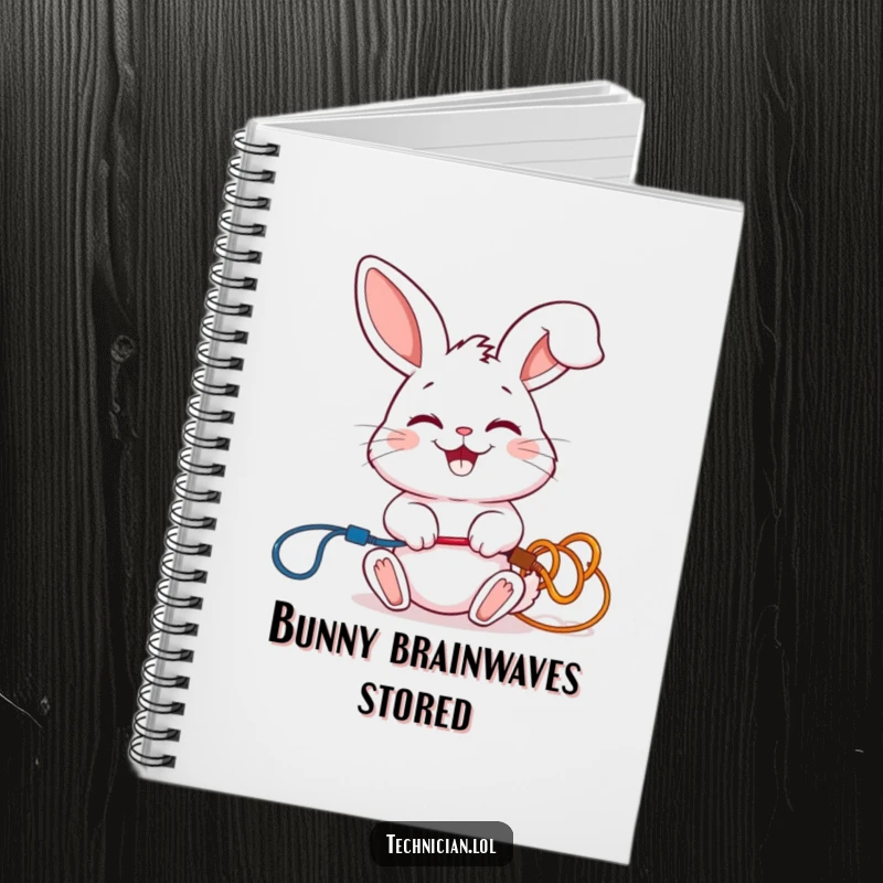 Funny notebook with a giggling rabbit connecting colorful wires with a smile, perfect for notes and ideas.