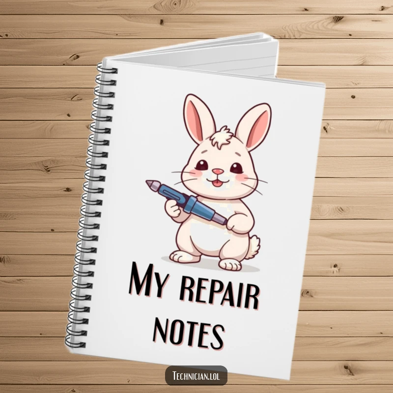 Funny Rabbit Notebook featuring a content rabbit looking satisfied while holding a screwdriver, designed for jotting down successful repairs.