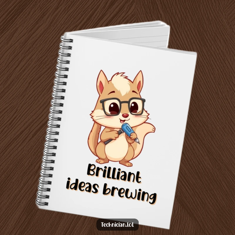Funny notebook with a curious squirrel holding a screwdriver, intently analyzing a device, ready to capture brilliant, albeit quirky, ideas.