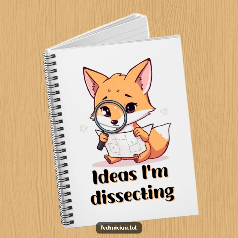 Funny fox notebook, a determined fox with a magnifying glass examining a complex diagram, ideal for note-taking.