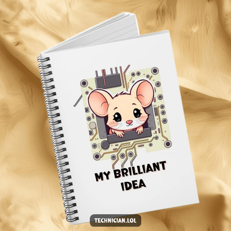 Funny shy mouse peeking from a circuit board with amazement, featured on a notebook cover for note-taking.