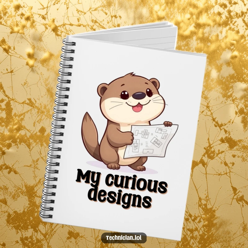 Funny Otter Notebook featuring a giggling otter pointing curiously at a blueprint, designed for jotting down innovative ideas.