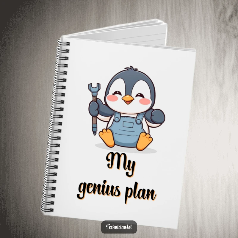 Funny penguin character in overalls, tightening a bolt, on the cover of a notebook, great for writing.