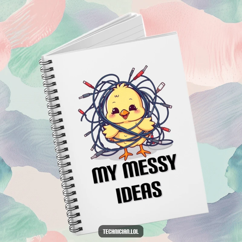 Funny Notebooks: A playful chick tangled in cables encourages notes and doodles about tech adventures, a perfect funny gift for creators.