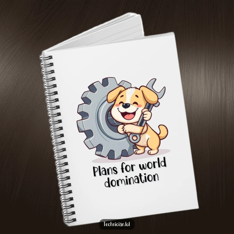 Funny dog notebook, a happy dog with a wrench looks at a giant gear, perfect for noting mechanical ideas.