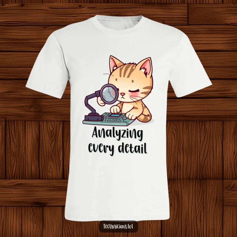 Funny focused cat with a magnifying glass examining a circuit board, printed on a t-shirt, perfect funny gift.