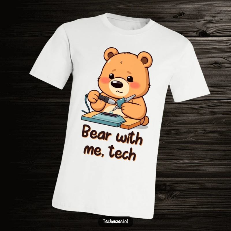 Funny Bear Maker T-Shirt showing a proud bear intensely focused on using a soldering iron, embodying dedication to creation.