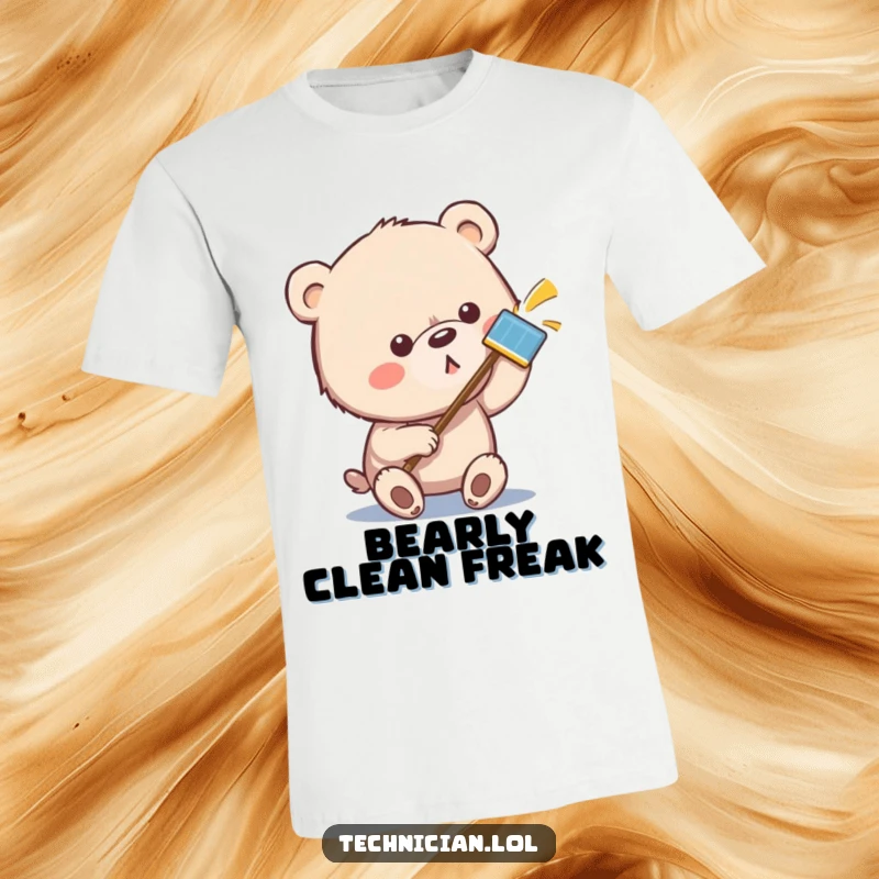 Funny bear t-shirt art of a strong bear focused on wiping a smudge off a chrome surface until it shines perfectly.