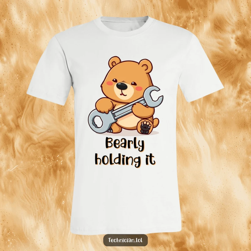 Funny T-Shirts: A determined bear wields a large wrench to tighten a bolt, displaying grit, power, and a no-nonsense approach to repairs.
