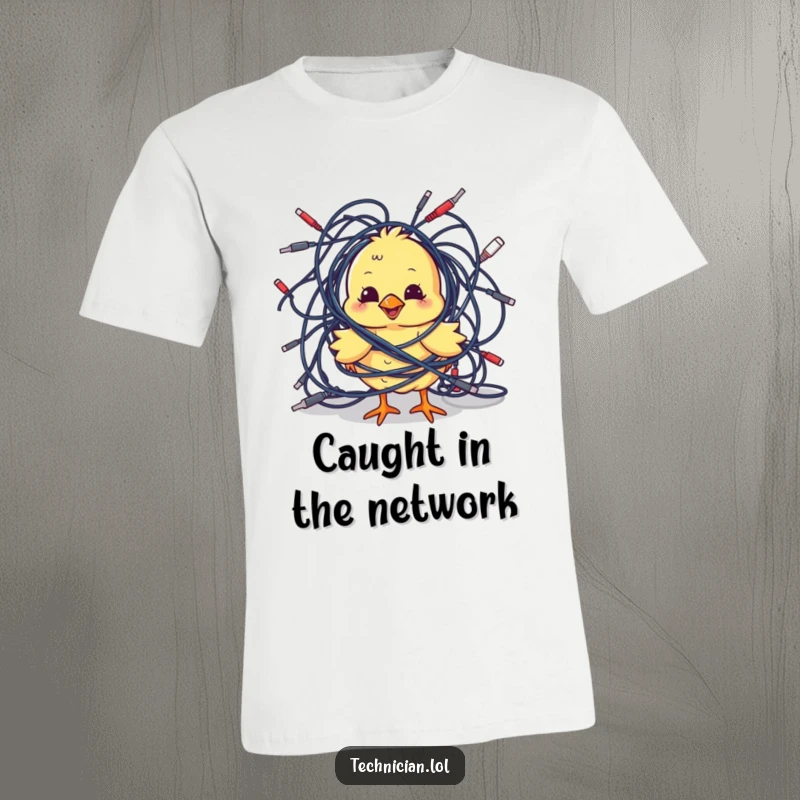 Funny T-Shirts: A playful chick is adorably tangled in a jumble of cables, embodying cute tech frustration and humorous digital disarray.