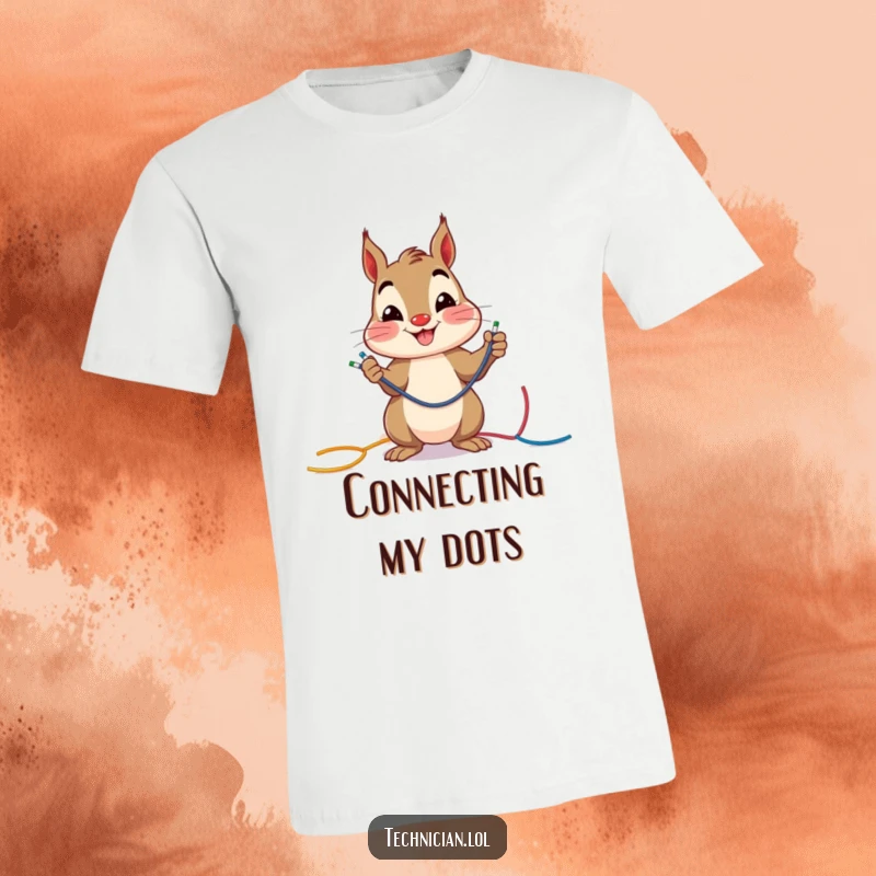 Funny cheerful squirrel smiling while connecting colorful wires, printed on a t-shirt, perfect funny gift.