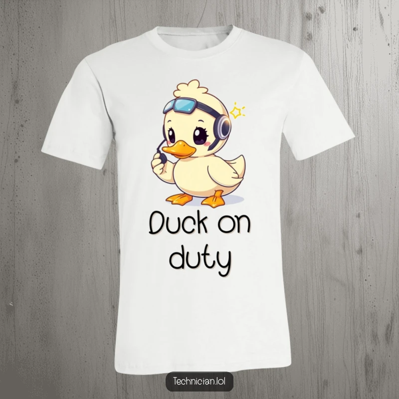 Funny brave duck wearing a headset, focused on repairing a blinking light, printed on a t-shirt.