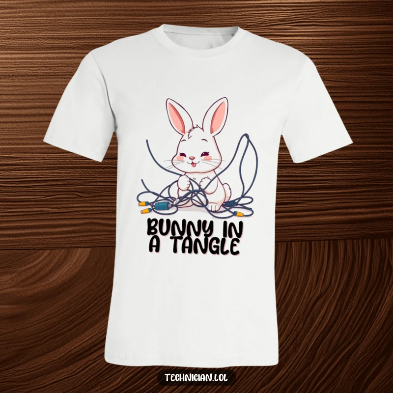 Funny t-shirt featuring a smiling bunny meticulously examining a chaotic tangle of wires, capturing the universal frustration and humor of electronics.