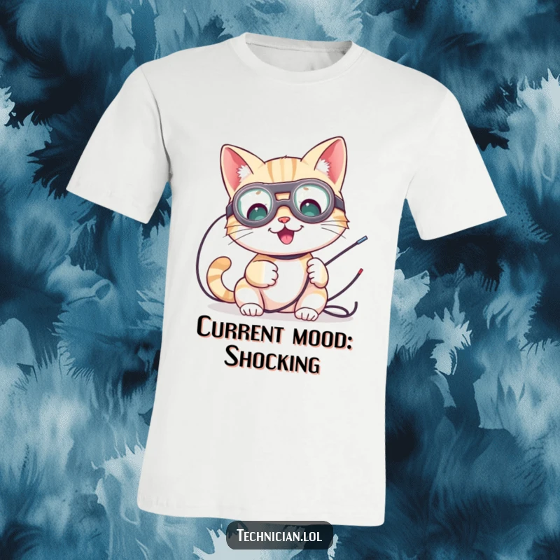 Funny t-shirt of a cute cat wearing goggles, cheerfully tinkering with exposed wires, a playful tech enthusiast.