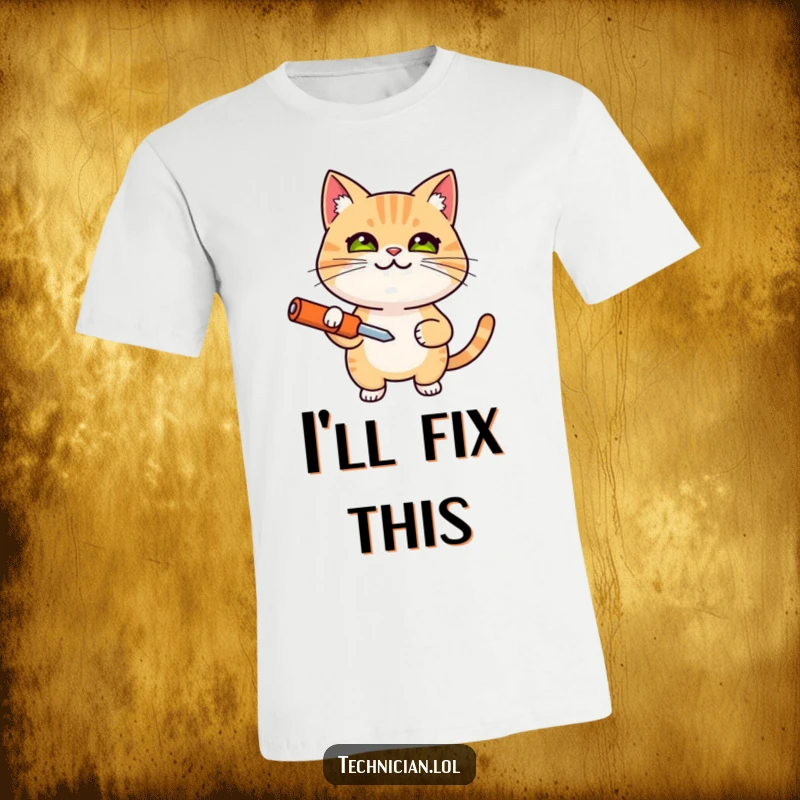 Funny t-shirt featuring a smiling, determined cat holding a screwdriver, a humorous feline mechanic apparel item, a funny gift.