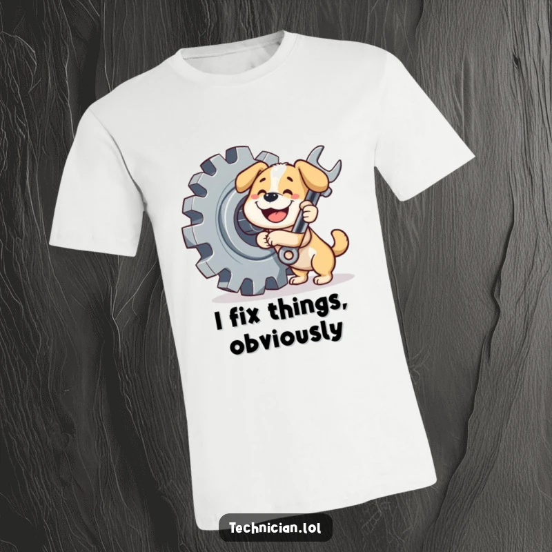 Funny dog t-shirt, a happy, smiling dog using a wrench to tighten a large gear, looking focused and cute.