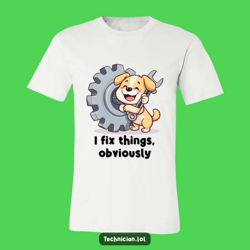 Funny Dog T-Shirt: Happy mechanic pup with wrench on a gear, a hilarious funny gift.