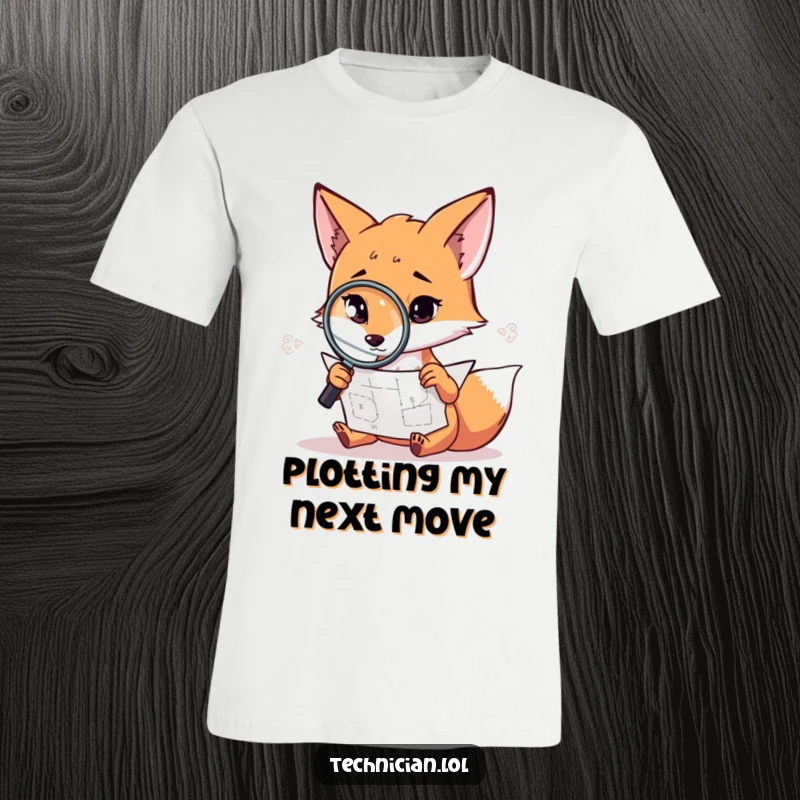 Funny fox detective t-shirt, a cunning fox intently studying a complex schematic with a magnifying glass.