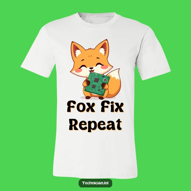 Funny Fox Tech Repair T-Shirt: Cheerful circuits fixed, a perfect funny gift for techies!