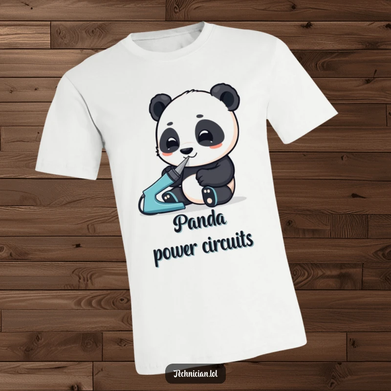 Funny t-shirt of an enthusiastic panda intently using a soldering iron, highlighting focus and passion for making.