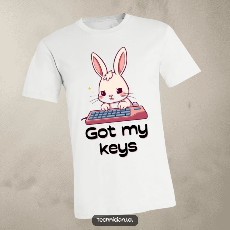 Funny rabbit t-shirt, rapidly typing on a keyboard with a determined focus, symbolizing intense concentration.