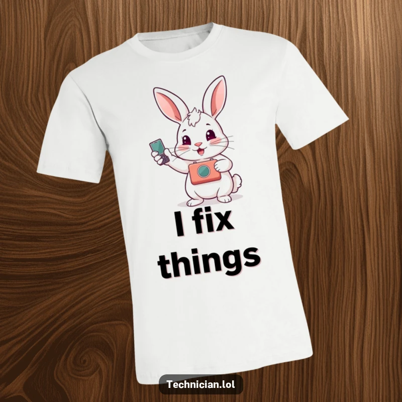 Funny t-shirt with a proud rabbit displaying a repaired gadget, radiating confidence and the joy of successful technical work.