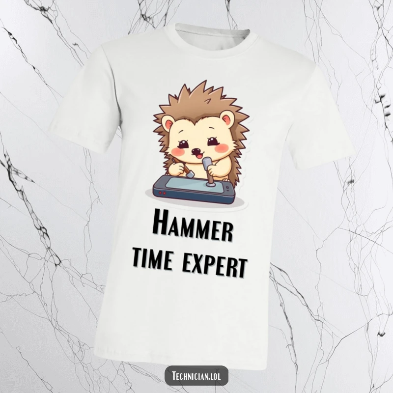 Funny hedgehog t-shirt art of a happy hedgehog using a small hammer to fix a digital device, capturing tech humor.