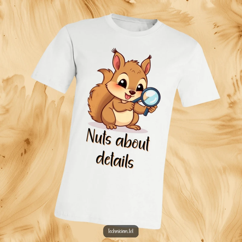 Funny T-Shirts: A gleeful squirrel with a magnifying glass inspects circuits, radiating intense focus and a playful obsession with technology.