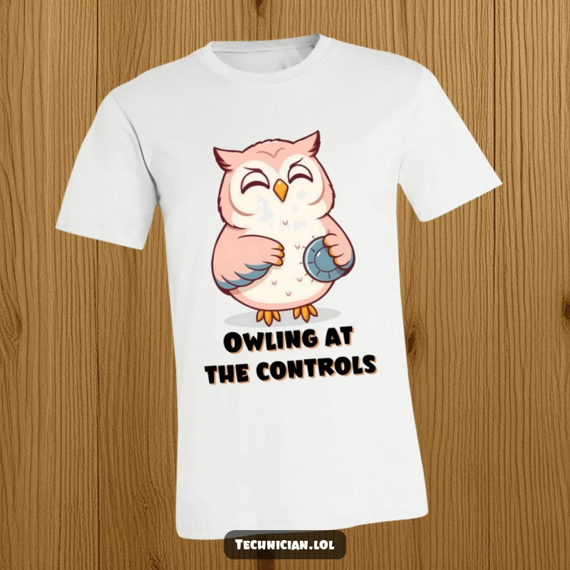 Funny t-shirt featuring a content owl smiling as it adjusts a dial on a control panel, symbolizing calm management.