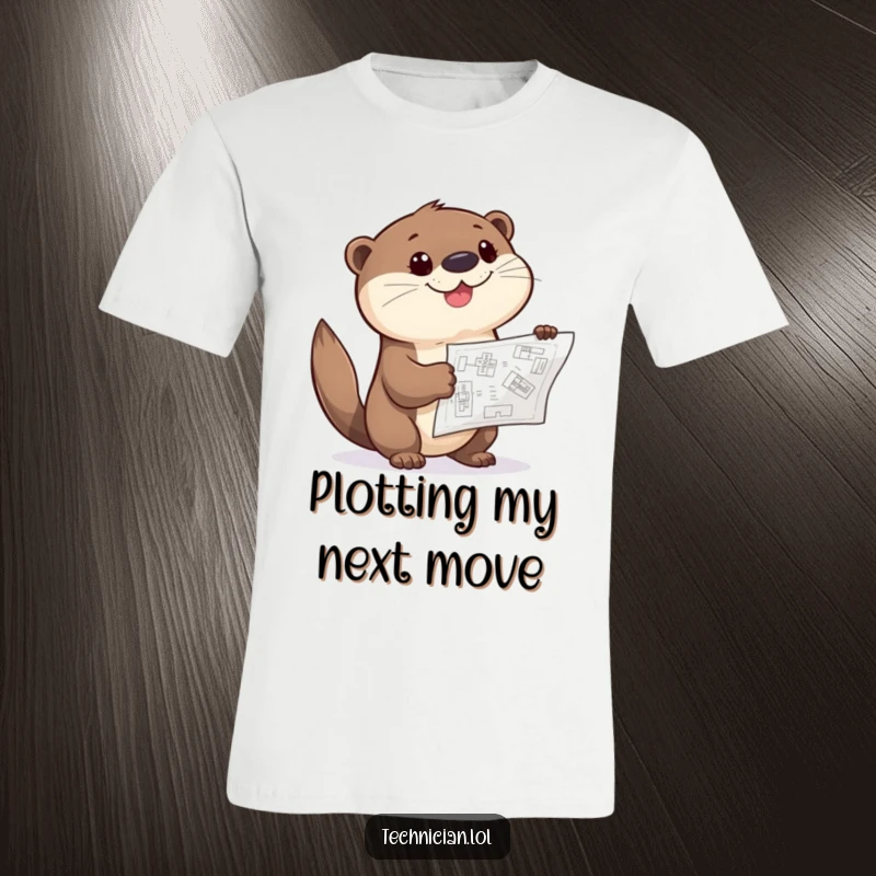 Funny Otter Blueprint T-Shirt displaying a giggling otter with a curious expression, pointing at a detailed blueprint.
