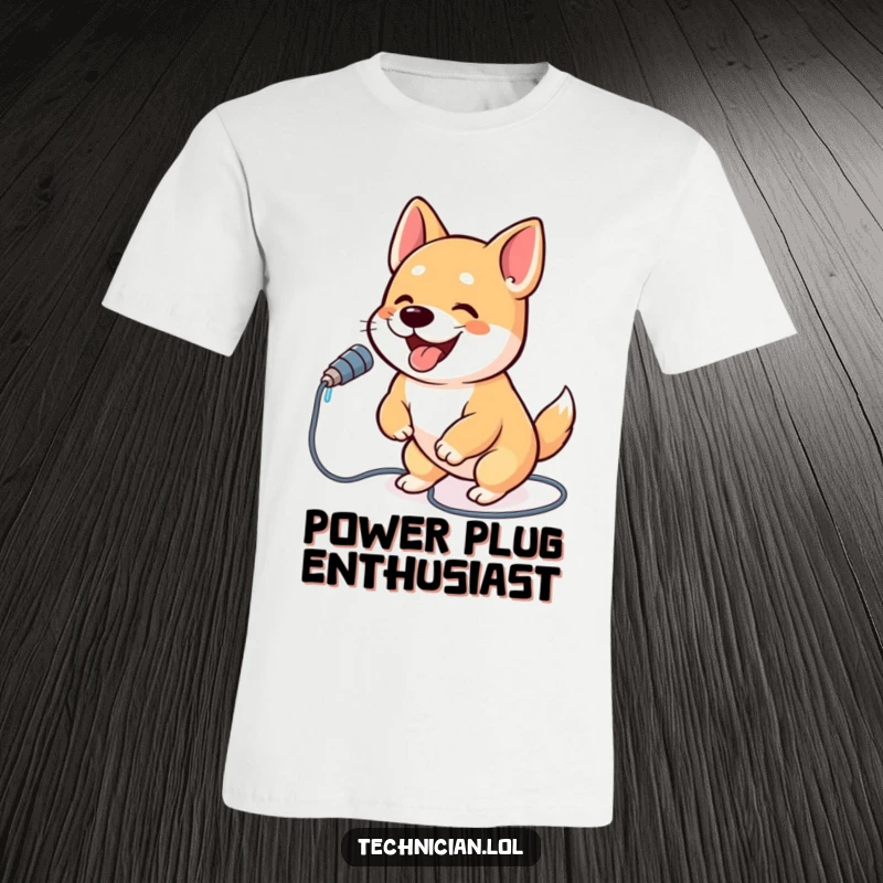 Funny dog t-shirt art of a happy, bouncing dog intently plugging a computer cable into a socket with great enthusiasm.